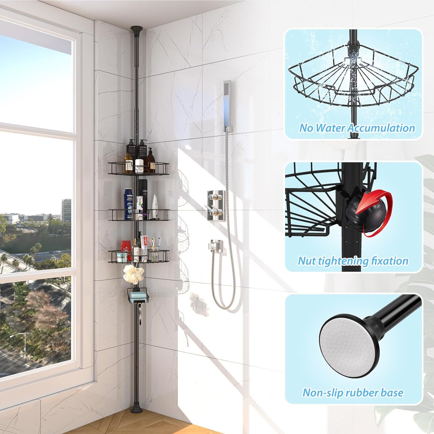 DEROFIT Shower Organizer Caddy 39-125" Stainless Steel Shower Shelves Rack for Inside Shower Bathroom Bathtub Caddy Rustproof Tension Pole Black