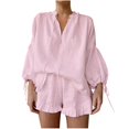 thumbnail image 5 of Sakmal Shorts and Top Women's Pajama Sets Pink Long Sleeve Leisure Cotton Loungewear Solid V Neck Pajamas for Women, 5 of 5