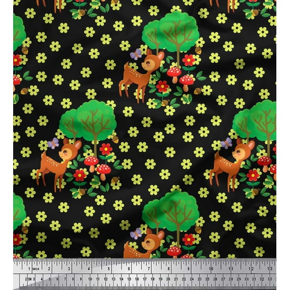 Soimoi Poly Georgette Fabric Floral,Tree & Deer Kids Print Fabric by The Yard 52 Inch Wide
