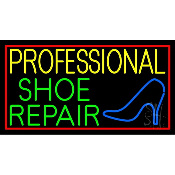 Professional Shoe Repair With Border LED Neon Sign 13 x 24 - inches, Black Square Cut Acrylic Backing, with Dimmer - Bright and Premium built indoor LED Neon Sign for store interior Décor, Storefront.