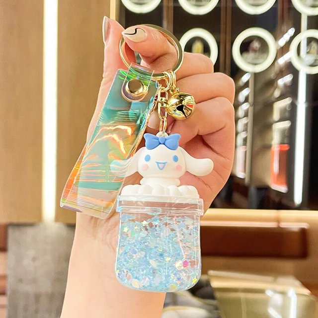 Sanrio-Llavero de dibujos animados Cinnamoroll, Cuenta de burbuja luminosa, botella de arena movediza, Kuromi, colgante de coche, juguetes, bolsa de regalo, accesorios