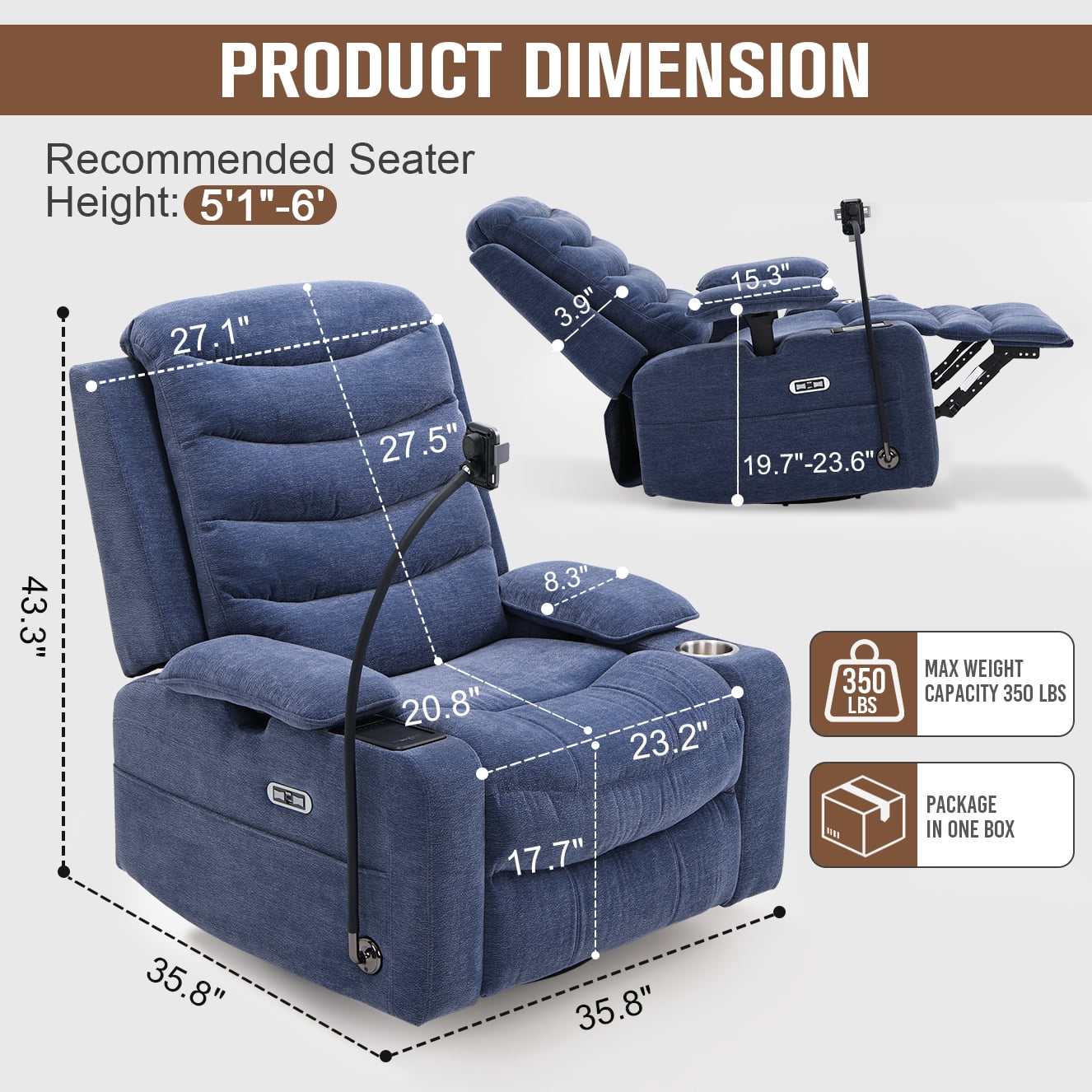 Holaki Power Recliner Chair, 270° Swivel Recliner with Heat & Lumbar Support, Modern Comfortable Chenille Rocker Recliner Nursery Chair with Smart Cup Holder & Adjustable Armrests for Nursing, Navy
