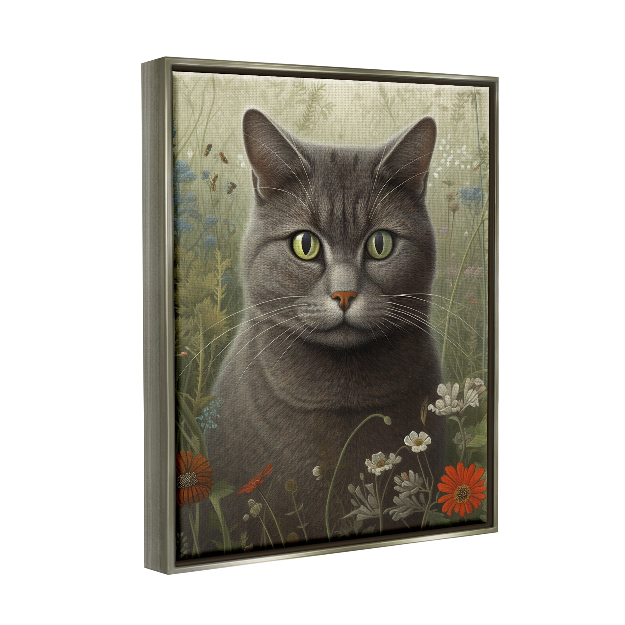 Stupell Industries Grey Cat in Flower Field Animals & Insects Painting Gray Floater Framed Art Print Wall Art, 25 x 31