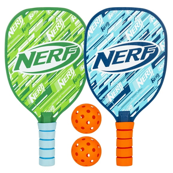 NERF 2 Player Pickleball Paddle Set - Youth Pickleball Equipment Set - (2) Wooden Paddles with Foam Grips   (2) Outdoor Balls for Kids - Carry Bag Included