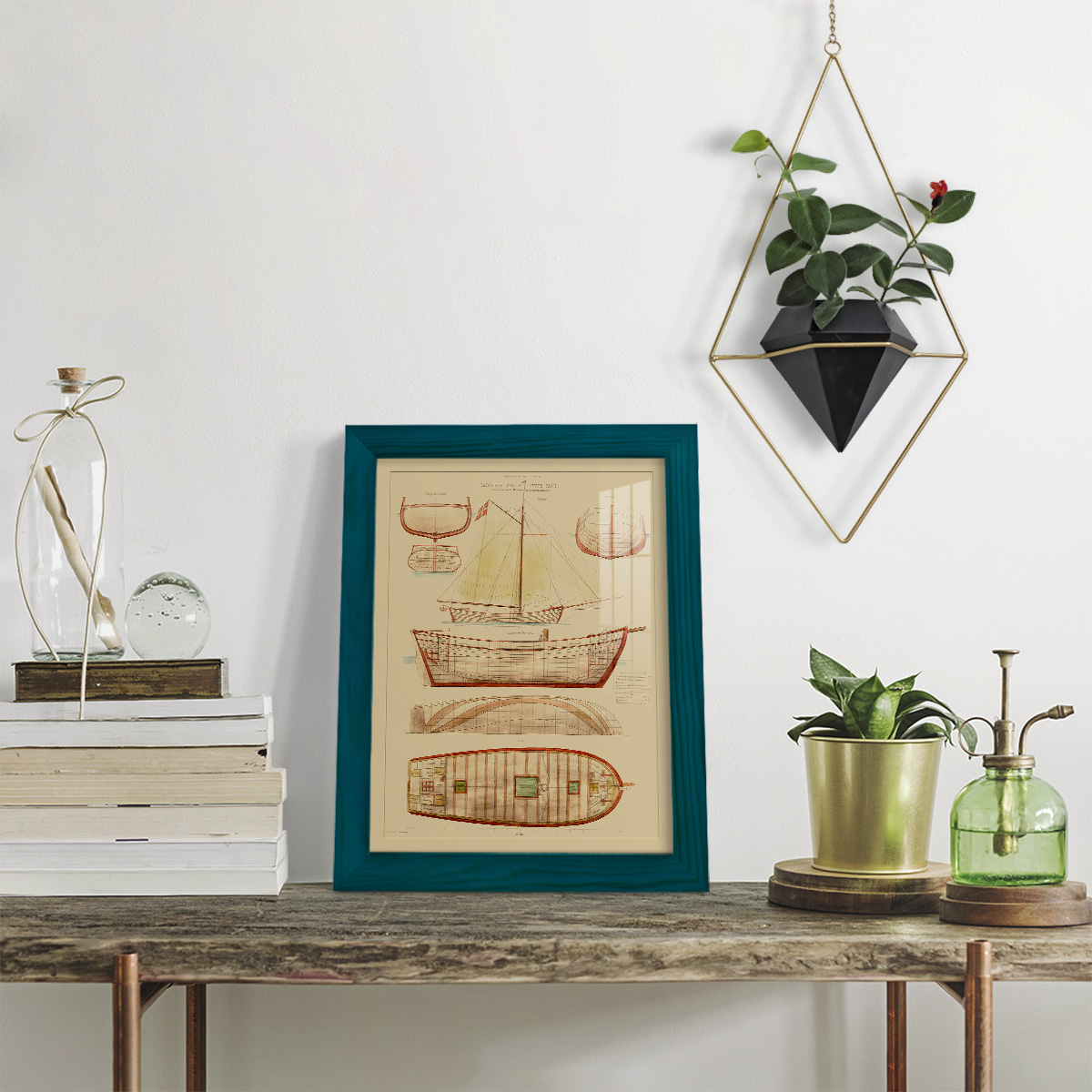Antique Ship Plan III -Framed Print w/glass-Ocean Blue