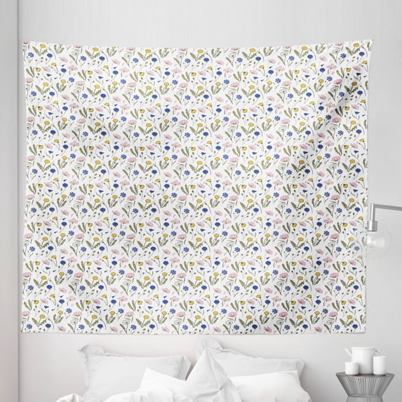 Dandelion Tapestry, Repeating Elements Spring Season Botany Flowers and Leaves Pattern, Fabric Wall Hanging Decor for Bedroom Living Room Dorm, 5 Sizes, White Multicolor, by Ambesonne