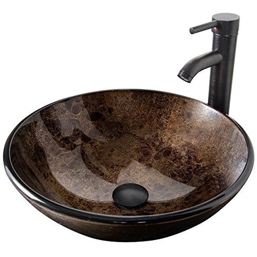 ELECWISH Bathroom Vessel Sink with Faucet Mounting Ring and Pop Up Drain 16.5 Inch Tempered Glass Basin (Brown)