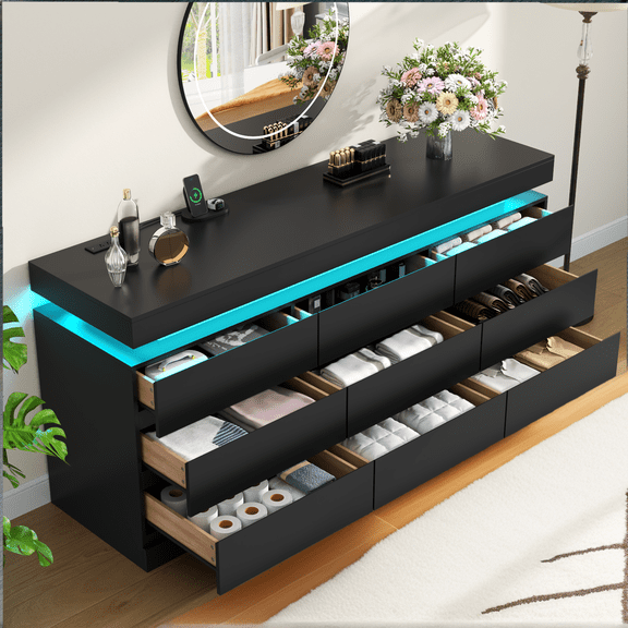 Black 9-Drawer Dresser with Charging Station & LED Lights, Wide Chest of Drawers, Modern Storage Cabinet for Bedroom, Living Room & Entryway