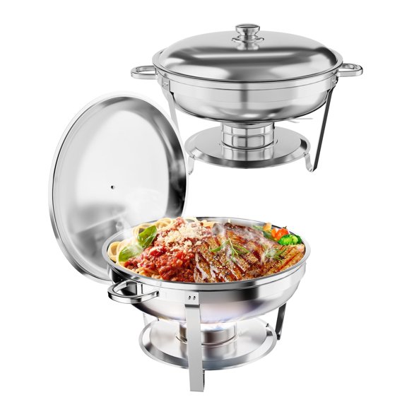 5QT 2 Packs Chafing Dish Buffet Set, NSF Round Stainless Steel Chafers and Warmers Food Servers Sets with Lid & Lid Holder, Spoon & Tweezer for Catering Events Parties Weddings Dinners,Silver
