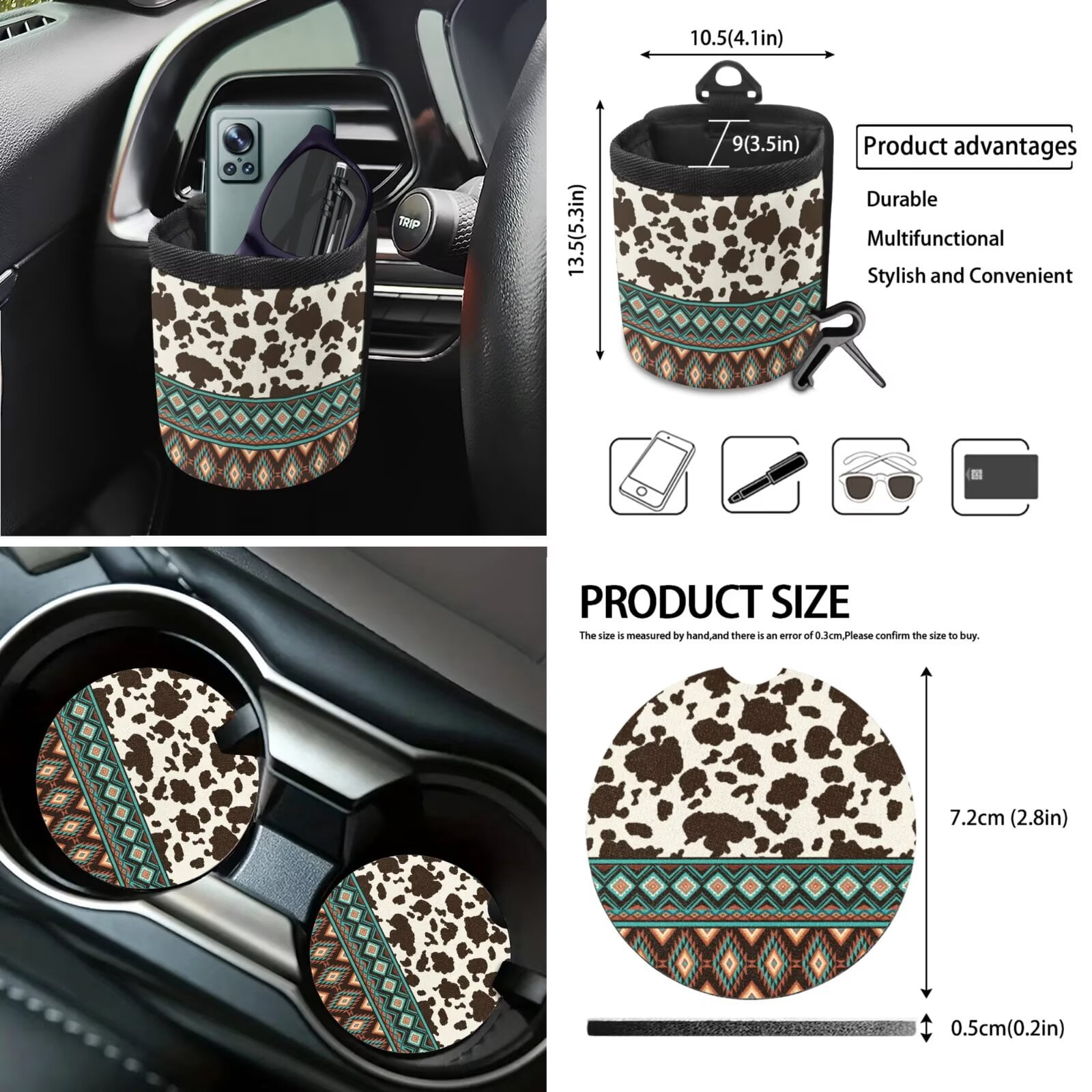 KUIFORTI Cow Print Auto Seat Covers for Women Native American Tribal Car Seat Protector Interior Set with Steering Wheel Cover +Coasters+Keychain+Interior Mirror Cover+Chapstick Holder+Car Trash Bag