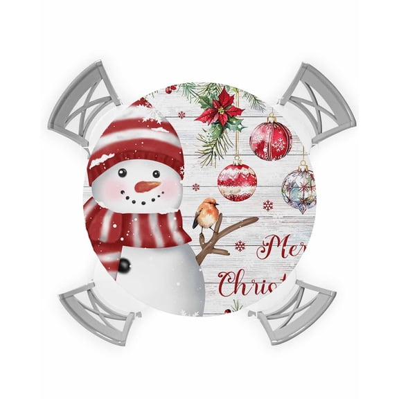 nqOlkjepod Red Snowman Christmas Round Tablecloth, Fitted Table Cover with Elastic for 55"-60" Round Tables, Xmas Botanical Balls Snowflake Vintage Table Cloth Dinning Party Waterproof Tablecloths