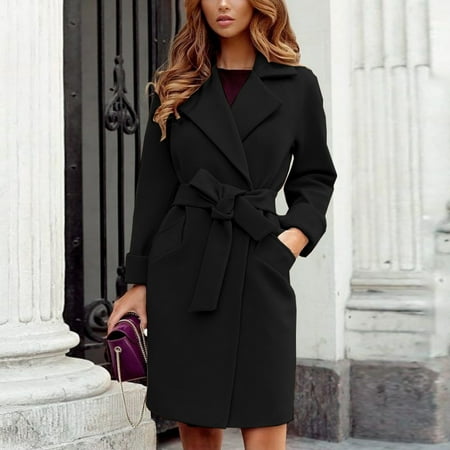 

Yutnsbel Winter Women Trench Coat Chic Mid Long Outerwear Lapel Cardigan Woolen Fleece Coat Belt