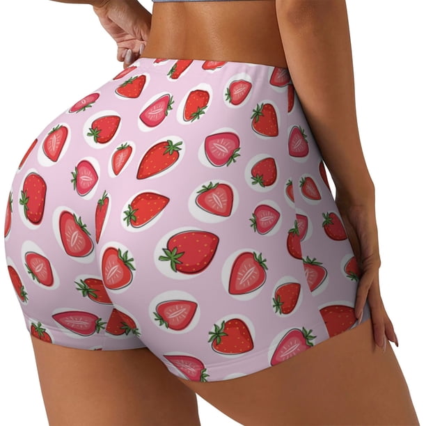Balery Hand Drawn Strawberry Pantalones cortos de entrenamiento estampados para mujer, sin costuras, ajustados, para gimnasio, yoga, correr, deportes, ejercicio activo, fitness.-Small