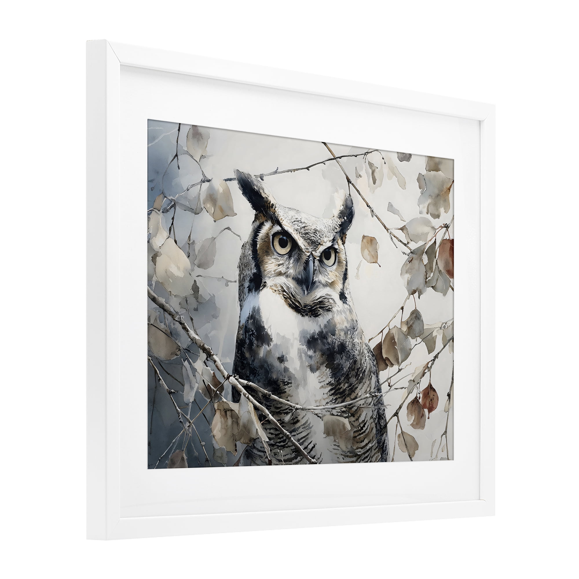 Stupell Industries Horned Owl Perched White Framed Print Under Glass, design by Franklyn Gregory