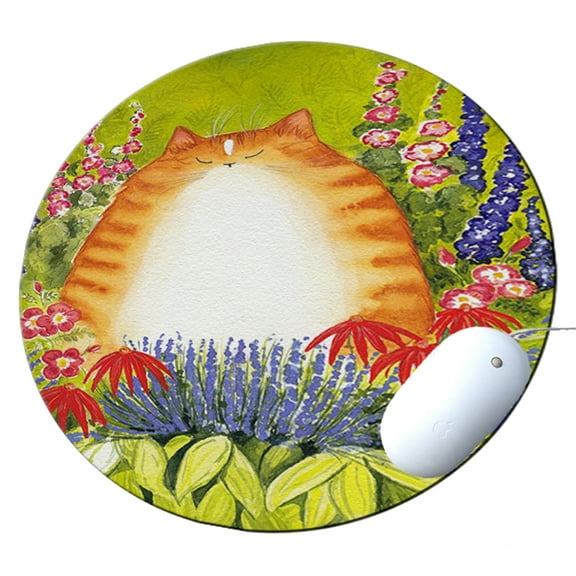KuzmarK Round Mousepad / Hot Pad / Trivet - Ginger Tabby Cat with Garden Flowers Art by Denise Every