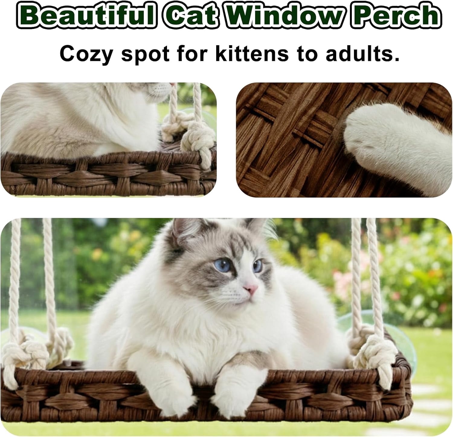 Cat Window Perch with 4 Strong Suction Cups,PE Rattan Basket Hammock with Soft Washable Plush Cushion,Cozy Hammock Perches for Large Indoor Cats Kittens Sunbathing Bird Watching