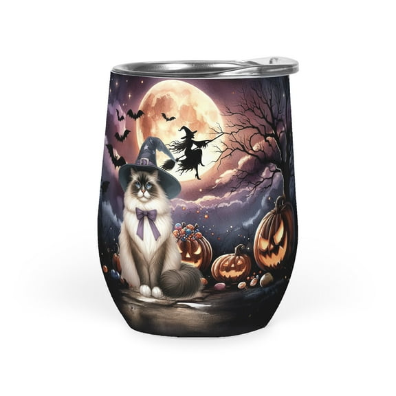 Spooky Halloween Night Witch Ragdoll Glowing Pumpkins 12oz Stainless Steel Wine Tumbler Insulated Cup with Lid Cat Lover Kitten Owner Gifts Idea - 12015