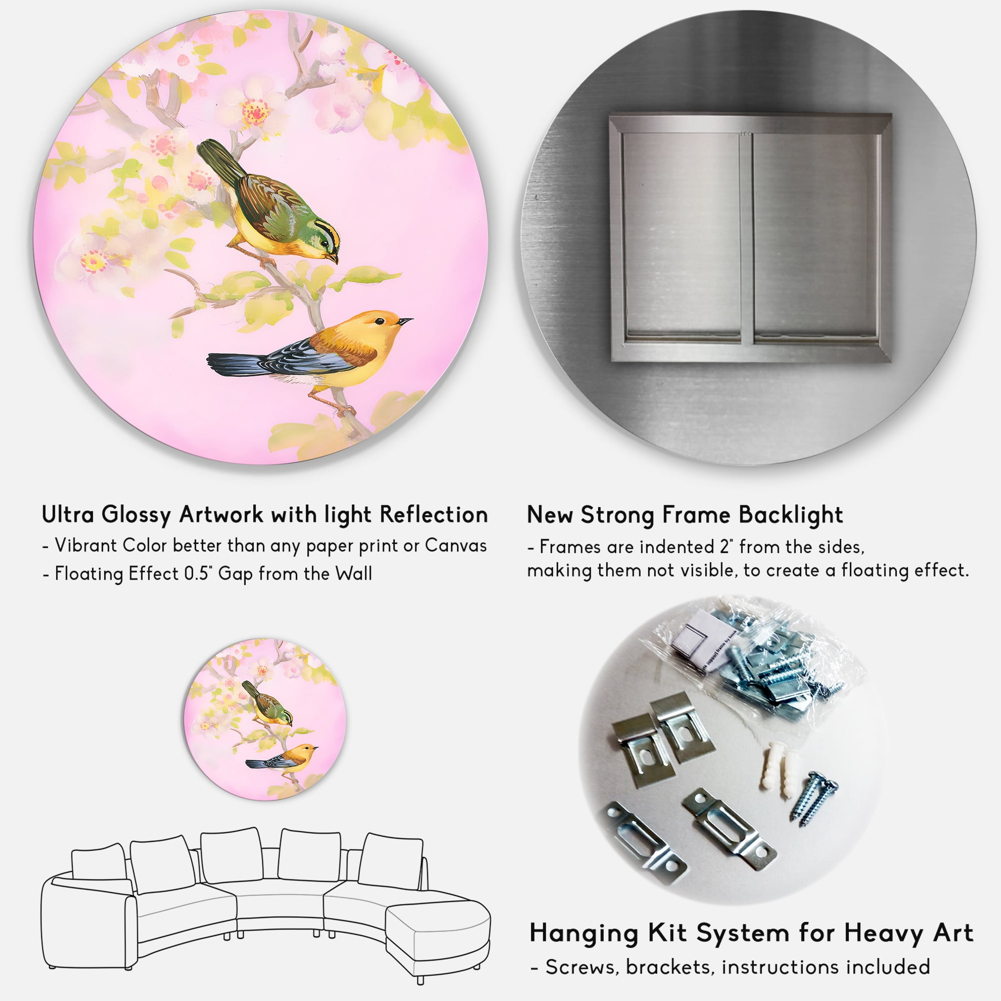 Designart 'Beautiful Bright Birds Sitting On Branch' Traditional Circle Metal Wall Art 29x29 - Disc of 29