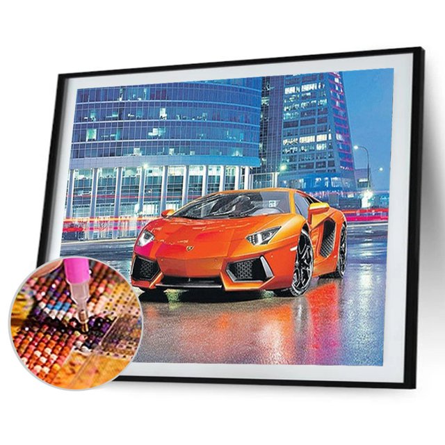 Cuadros Decorativos Kit de pintura de diamante 5D coche naranja taladro cuadrado completo arte de pared DIY (FC758) Wdftyju embutido en tela