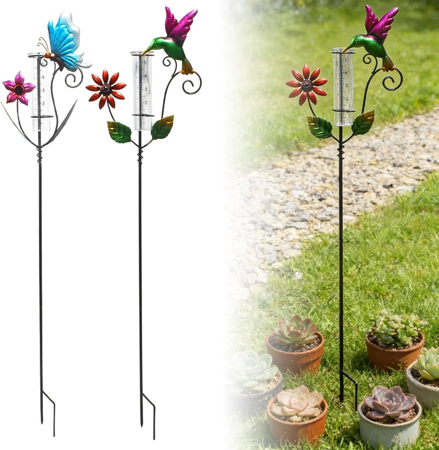 Hummingbird Rain Gauge 35.4in Metal Waterproof for Yard Lawn PatioBlue