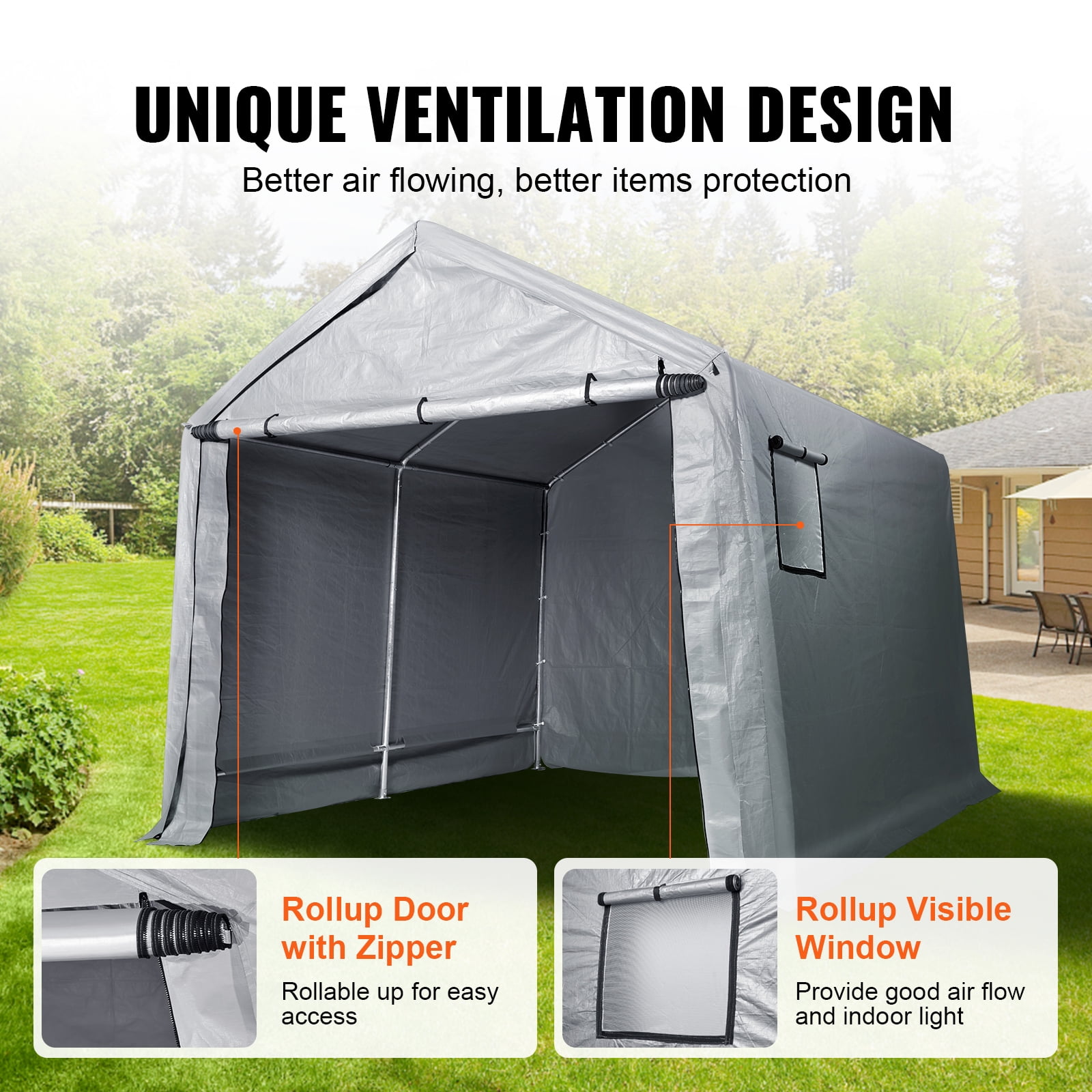 KFFKFF Portable Storage Shelter Garage Storage Shed 8 x 14 x 7.6 ft & Zipper Door,Made with Galvanized Steel Poles and Three Layers of 240G PE Cover,Provide Excellent Ventilation