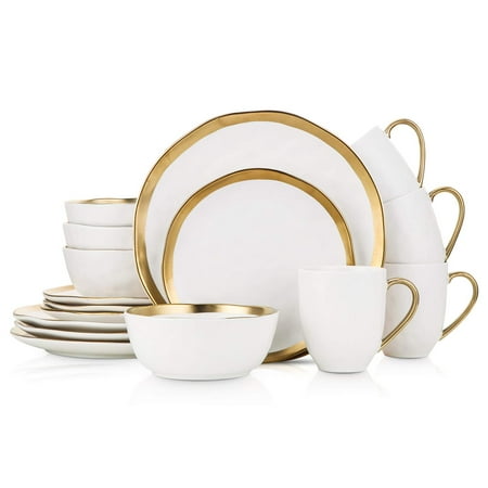 Stone Lain Porcelain 16 Piece Dinnerware Set, 4 Full White Gold Splash Sets