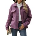 thumbnail image 2 of JUUNthy Women's Plaid Shacket, Lapel Collar Long Sleeve Button Down Fall Winter Fashion Jacket Outerwear Purple S, 2 of 15