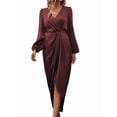 thumbnail image 2 of Womens Long Sleeve V-Neck Tie Waist Split Formal Cocktail Wedding Guest Dresses Wine Red XL, 2 of 8