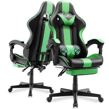 SOONTRANS Green Gaming Chair for Adult, High Back Gamer Game Chair with Footrest & Massage Lumbar Pillow, Ergonomic Swivel Office Computer Chairs for Kids Girls, Green
