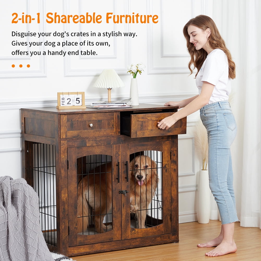 EastVita Dog Crate Furniture with Drawers, Wooden Dog Kennel Furniture for Large Breed,End Table Wood Dog House for Indoor Use,Dog Crate