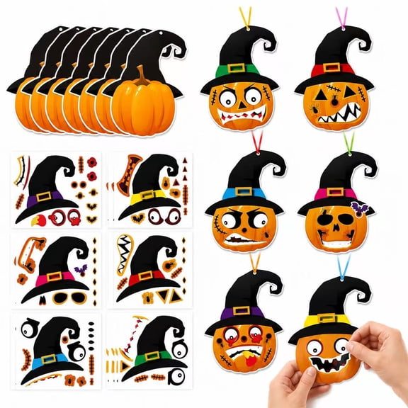 Halloween Pumpkin DIY Craft Kit, 72 Pcs, Jack-O’-Lantern Cards with Stickers and Ribbons, Halloween Party Activity