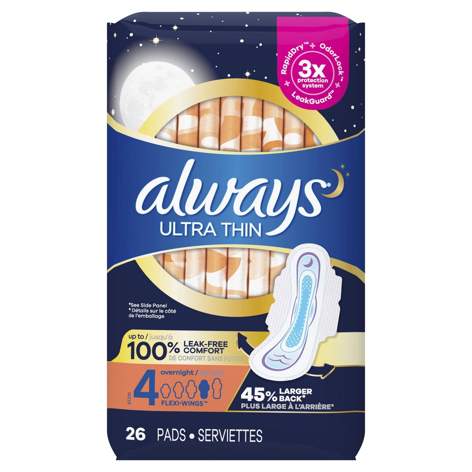 Serviettes féminines Always Ultra minces, degré d’absorption de nuit, avec ailes, pour femmes, taille 4, non parfumées