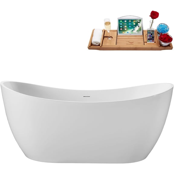 63" Streamline G-112-407-WH Soaking Glossy White Freestanding Tub With Internal Drain in Glossy White