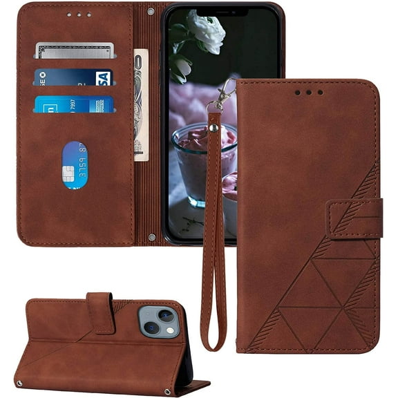 for iPhone 13 Wallet Case/iPhone 14 Case Wallet,[Kickstand] [Wrist Strap] [Card Holder Slots] TPU Interior Protective Leather Flip Cover for iPhone 14/13 (Brown)