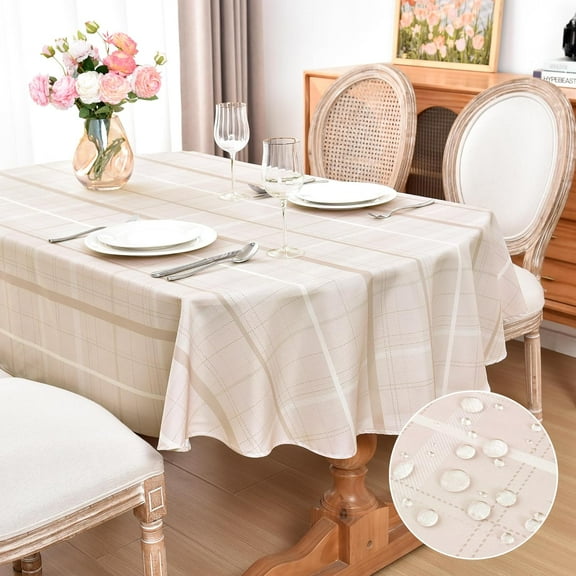 Beige Plaid Tablecloth Waterproof Table Cloth Oval Elegant Plaid Tablecloths for Daily Use Home Dining Room Kitchen 60x84 Inch