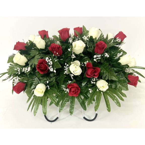 Door and Decor 24" Artificial Silk Red and Cream Roses Cemetery Saddle Bouquet