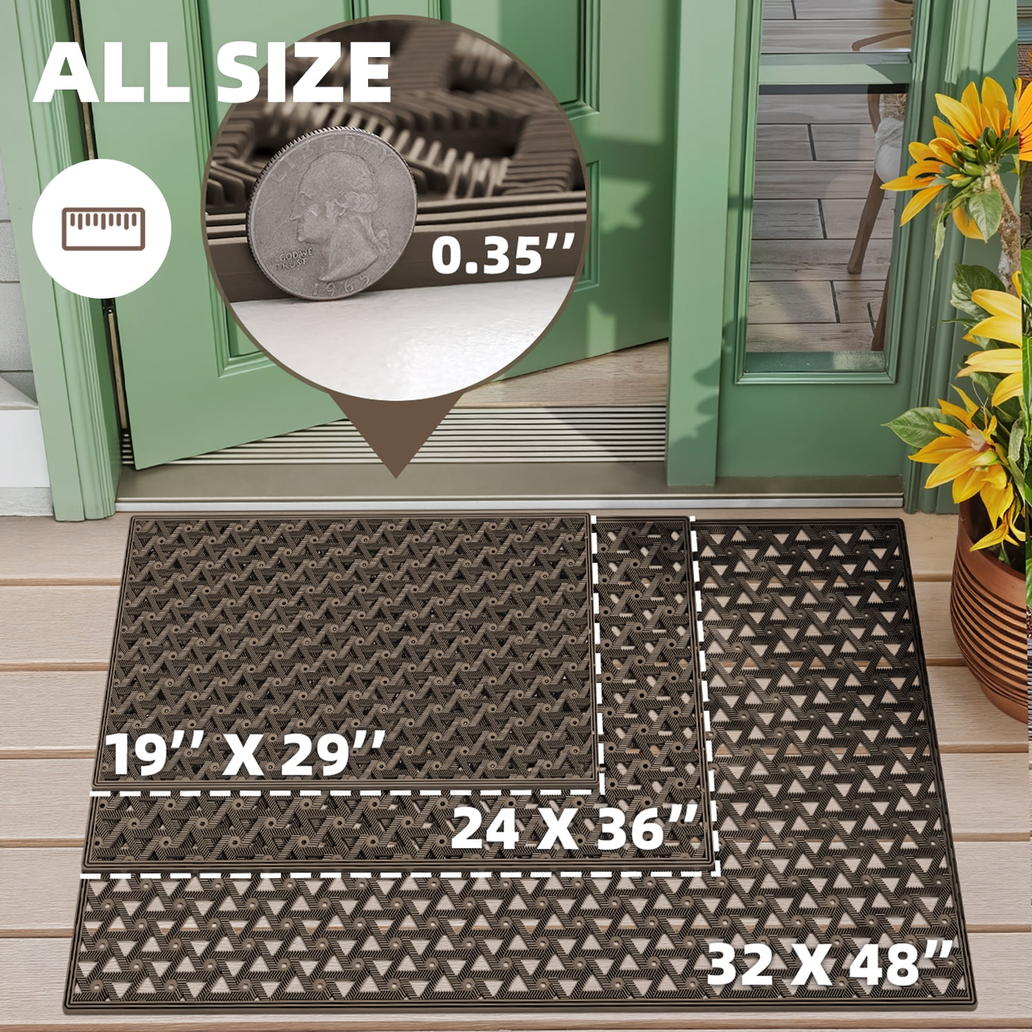 PABUBE Outdoor Doormat , Waterproof and Heavy Duty Doormat for Outside, Low Pile Dirt Trapper Rubber Outdoor Mat and Non-Slip Welcome Mat for Front Doors, 19" x 29", Brown