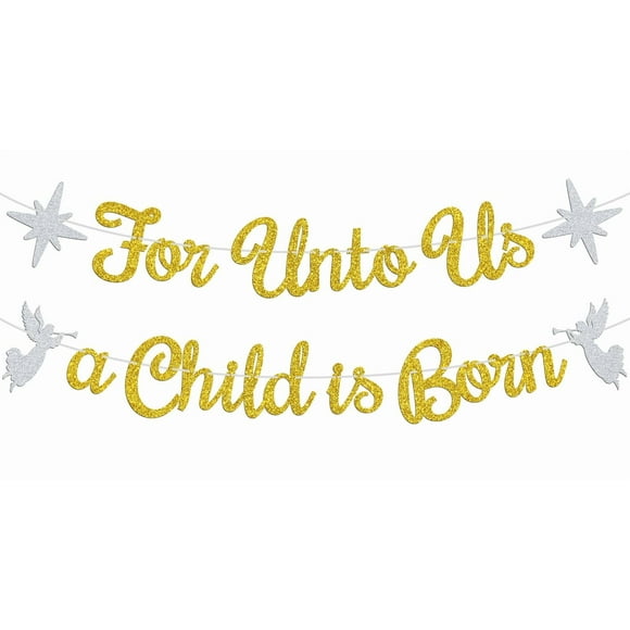 Pour Nous un Enfant Est Né Banner, Guirlandes de Crèches de Noël, Jus Joyeux Anniversaire, Décorations et Fournitures de Fête de la Nativité d'Hiver de la Sainte Famille Xmas, Paillettes Dorées