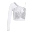 thumbnail image 3 of iiniim Girls Sparkle Sequins Ballet Dance Crop Tops Mesh Sleeve One Shoulder T-Shirt Jazz Hip Hop Dancewear Silver 16, 3 of 7