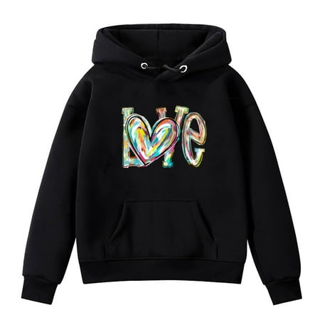 Otqutp Teen Boys Girls Fall Winter LOVE Letter Print Throw Rope Hooded Padded Pocket Sweater Casual Girls Long Sleeve Shirts Pullover Tops(Black-1 8-9 Years)