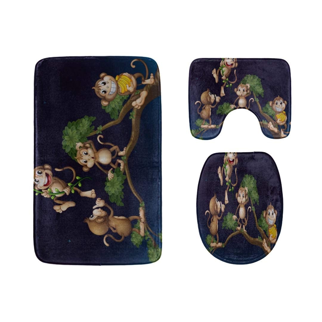 PUDMAD Flexible Animation Monkey 3 Piece Bathroom Rugs Set Bath Rug