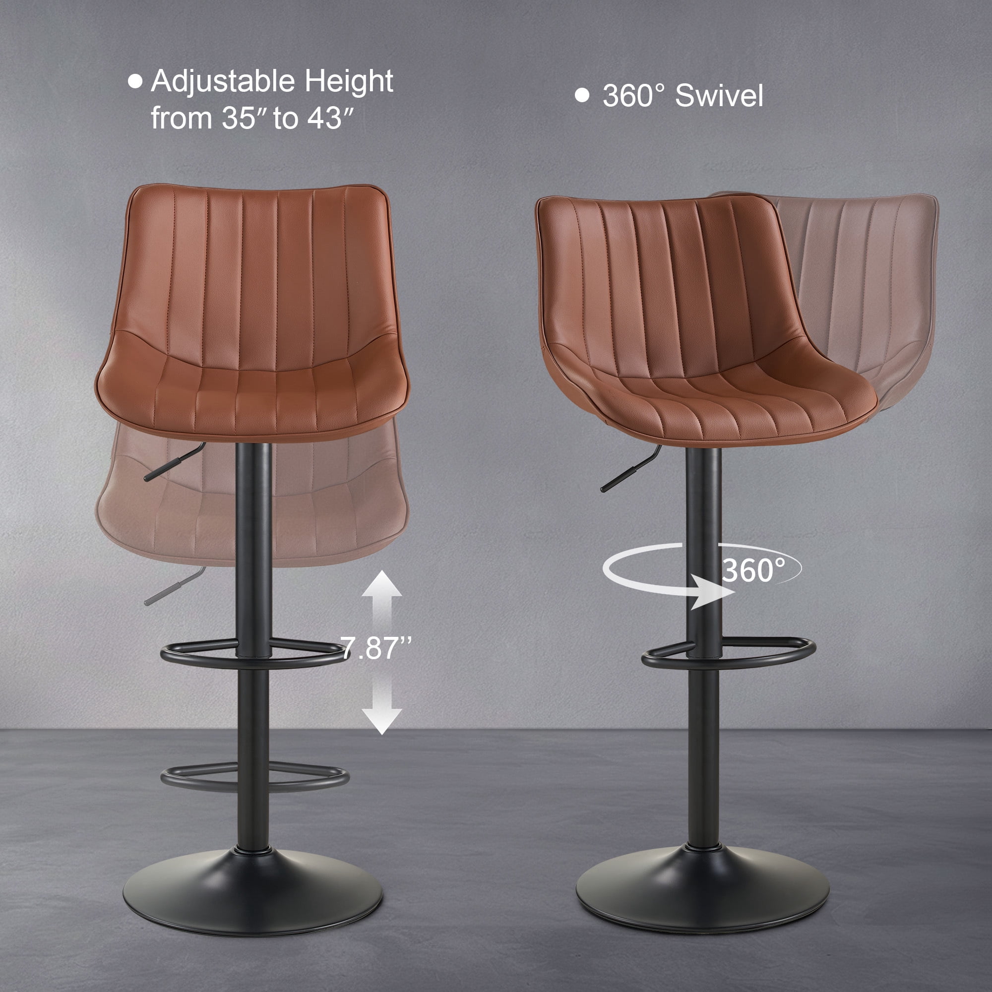 AUNEKIV Bar Stools Set of 2, Swivel Counter Height Bar Stools, Adjustable PU Leather Bar Chairs with Back and Footrest, Modern Armless Counter Stools, Island Chairs for Bar Kitchen, Brown