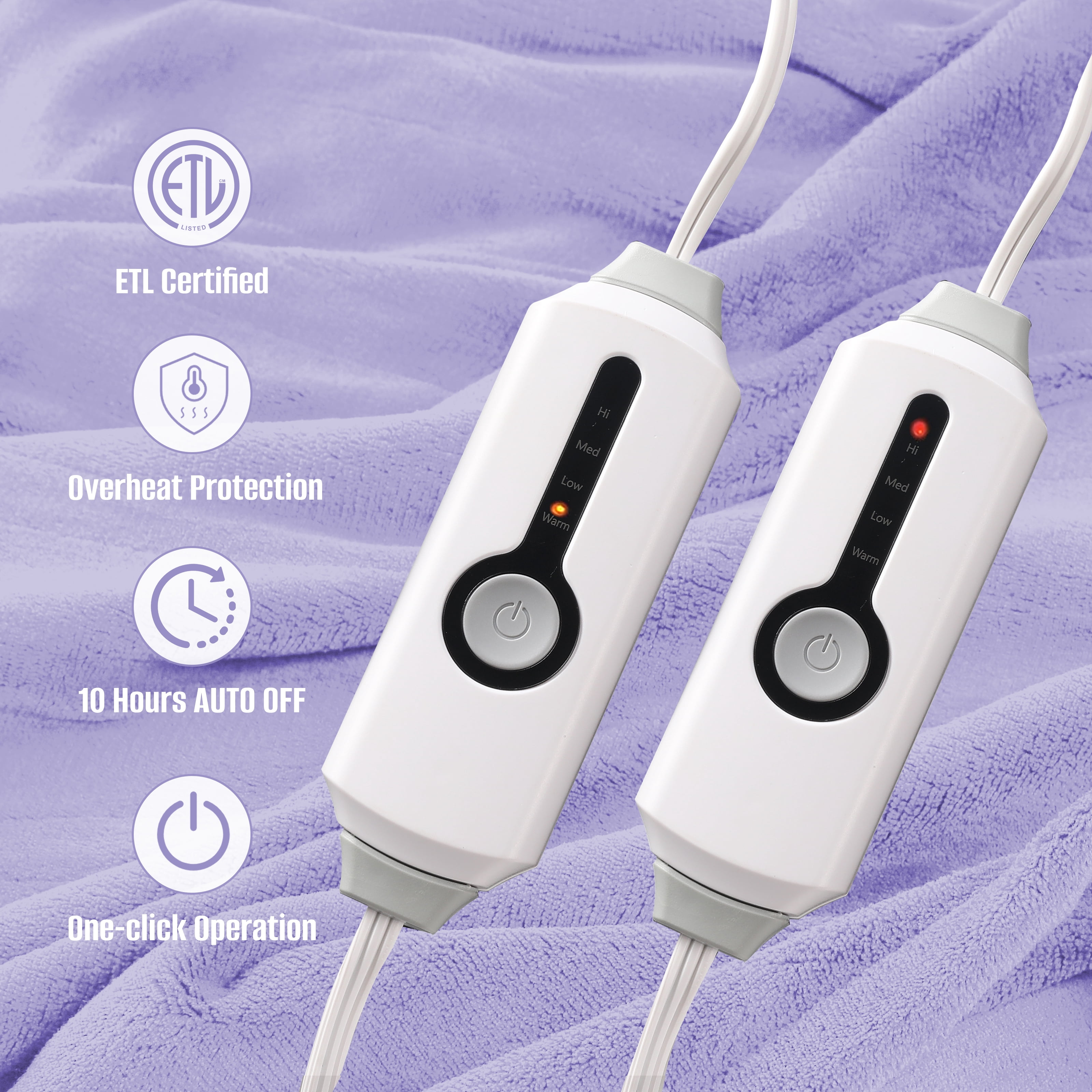 YAKEE Electric Heated Blanket 90"x100" King Size with Dual Control, 4 Heat Levels, 10-Hour Auto-off, Soft Coral Fleece, Overheat Protection, Light Purple