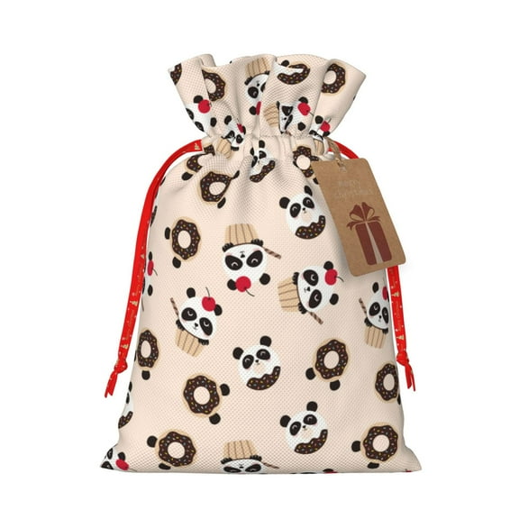 Xecao Panda Ice Creams Donuts Print Burlap Gift Bags with Drawstring and Gift Tags, Gift Bags, Burlap Bags, Jute Bags for Party, Christmas, DIY Craft Bags-Small