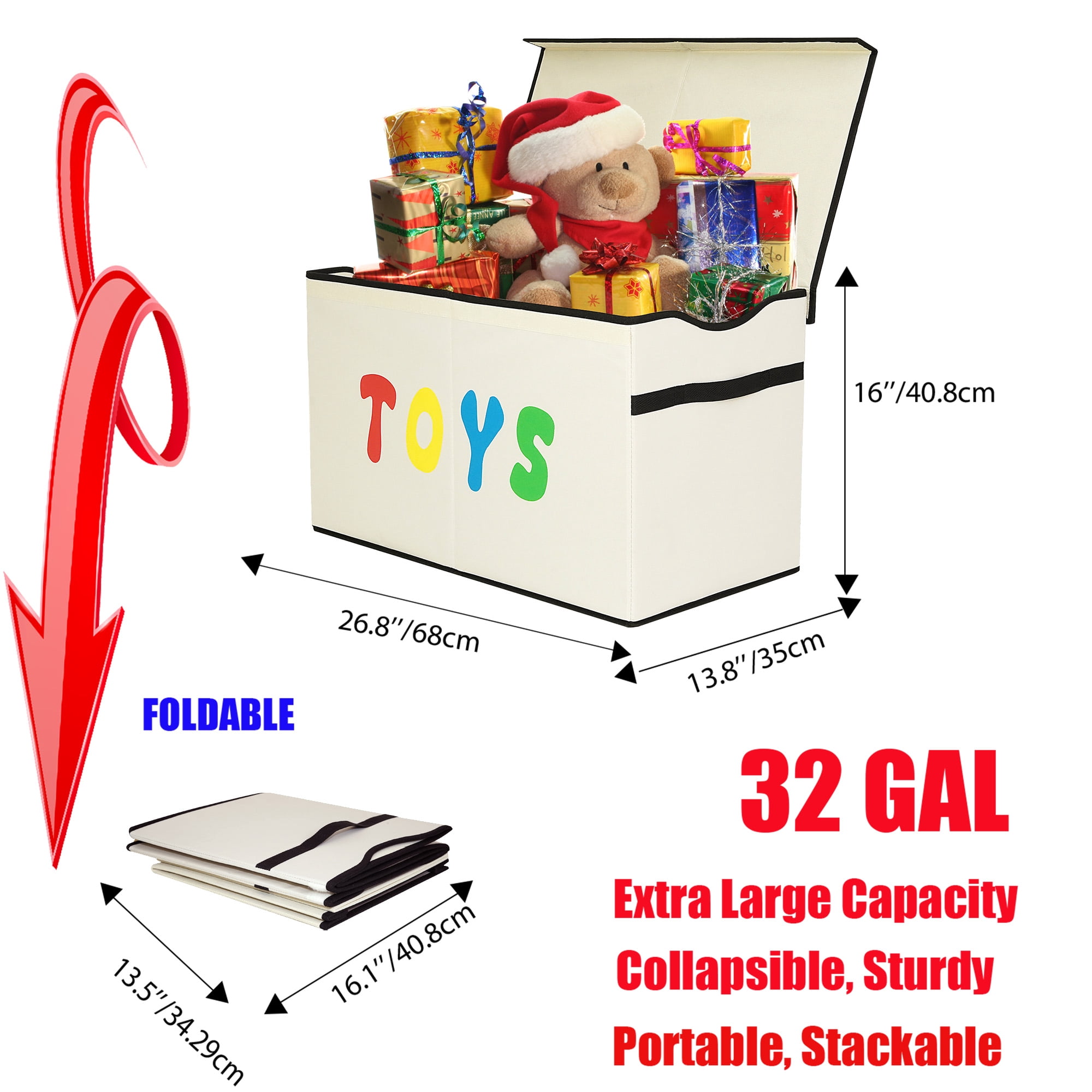 VICTORICH Extra Large Child Collapsible Toy Storage Fabric 32 gal Kids Room Toy Chest with Lid, Beige