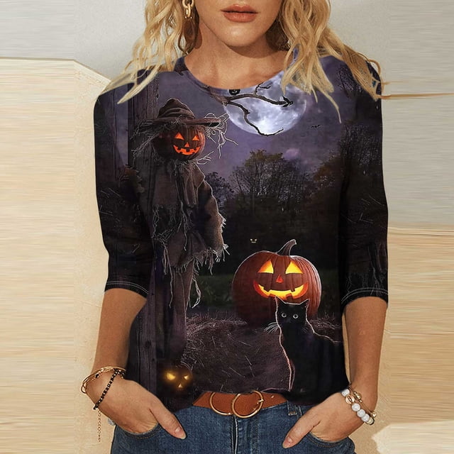 VKOYWKM Hauts pour Femmes Halloween T-Shirts à Manches 3/4 T-Shirts Graphiques Citrouille Effrayante T-Shirts de Fête Col Rond Manches Trois Quarts Chemisiers d'Automne