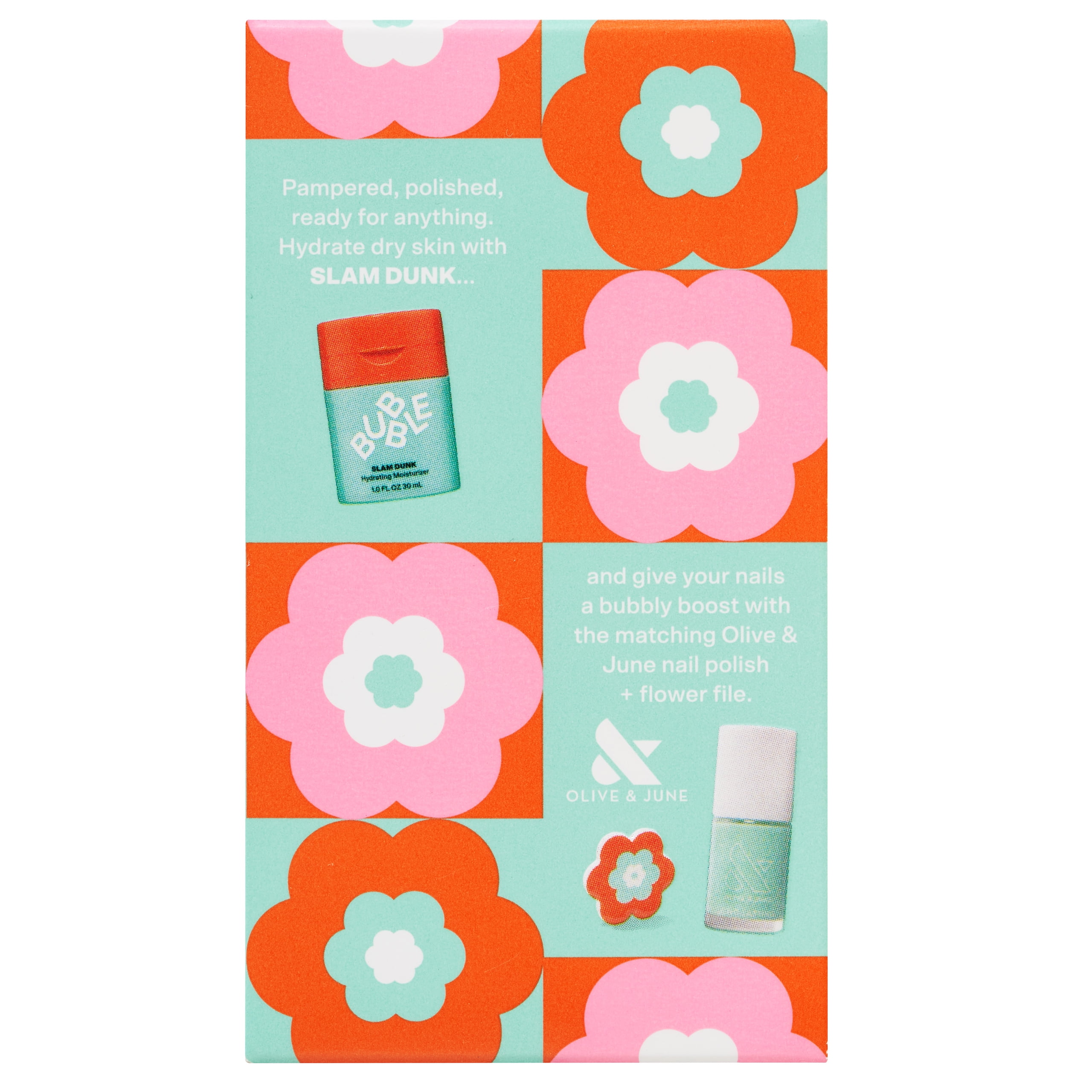 Bubble Skincare Flower Power Slam Dunk Moisturizer & Nail Polish 3-Piece Set, Includes Olive & June Long Lasting Nail Polish & Flower Nail File
