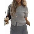 thumbnail image 2 of Cardigan à Manches Courtes pour Femmes en Tricot Torsadé Court à Boutons Col Rond Gris G, 2 of 8
