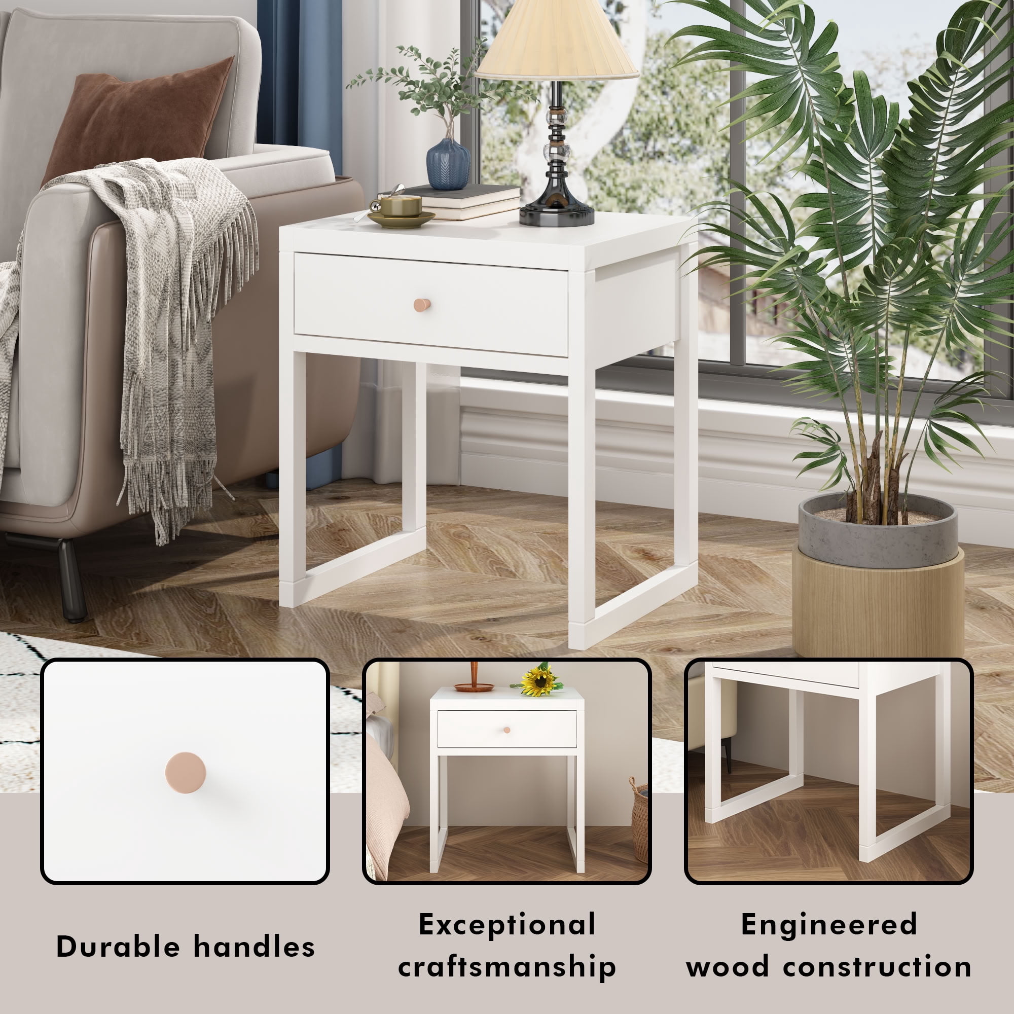 MAYEERTY Modern Nightstand with Drawer, Compact Bedside End Table with Wood Knob & Open Frame Base, for Bedroom Apartment Living Room Small Spaces, White