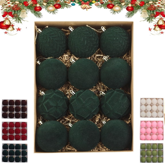 12PCS Velvet Christmas Ornaments,Flocked Solid Color Christmas Tree Hanging Ball Shatterproof Plastic Xmas Baubles Decorations,Home Velvet Christmas Balls, for Wedding Home Party
